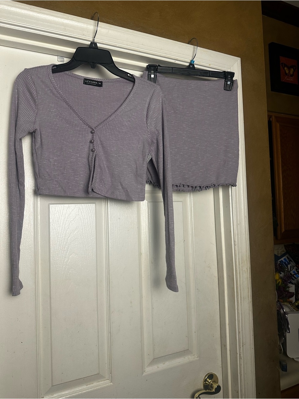 Ribbed Lavender V-Neck Long-Sleeve Crop Top & Mini Skirt Set